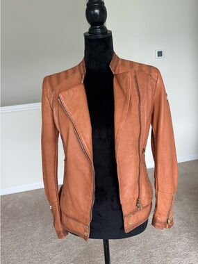 Armani Jeans Genuine Leather Biker Jacket – Camel / Cognac – Size 38 (S/M)